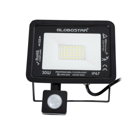 GLOBOSTAR® AURORA  Προβολέας με Ανιχνευτή PIR / Αισθητήρα Κίνησης LED 30W 3750lm 120° AC 220-240V Αδιάβροχο IP67 Ψυχρό Λευκό 6000K - Lumileds SMD Chip  - Μαύρο Ματ - Μ16 x Π5 x Υ17.5cm