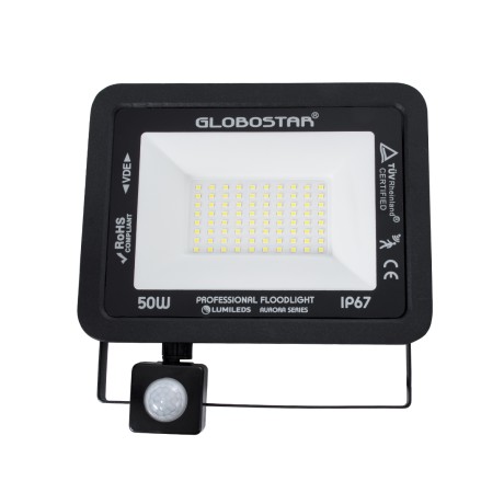 GLOBOSTAR® AURORA  Προβολέας με Ανιχνευτή PIR / Αισθητήρα Κίνησης LED 50W 6250lm 120° AC 220-240V Αδιάβροχο IP67 Ψυχρό Λευκό 6000K - Lumileds SMD Chip  - Μαύρο Ματ - Μ21 x Π5 x Υ21cm