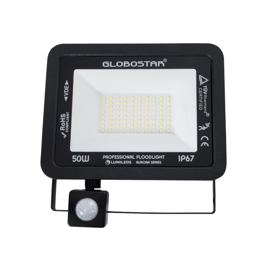 GLOBOSTAR® AURORA  Προβολέας με Ανιχνευτή PIR / Αισθητήρα Κίνησης LED 50W 6250lm 120° AC 220-240V Αδιάβροχο IP67 Ψυχρό Λευκό 6000K - Lumileds SMD Chip  - Μαύρο Ματ - Μ21 x Π5 x Υ21cm