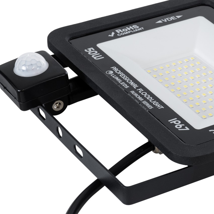 GLOBOSTAR® AURORA  Προβολέας με Ανιχνευτή PIR / Αισθητήρα Κίνησης LED 50W 6250lm 120° AC 220-240V Αδιάβροχο IP67 Ψυχρό Λευκό 6000K - Lumileds SMD Chip  - Μαύρο Ματ - Μ21 x Π5 x Υ21cm