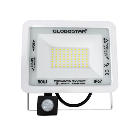 GLOBOSTAR® AURORA  Προβολέας με Ανιχνευτή PIR / Αισθητήρα Κίνησης LED 50W 6250lm 120° AC 220-240V Αδιάβροχο IP67 Ψυχρό Λευκό 6000K - Lumileds SMD Chip  - Λευκό Ματ - Μ21 x Π5 x Υ21cm