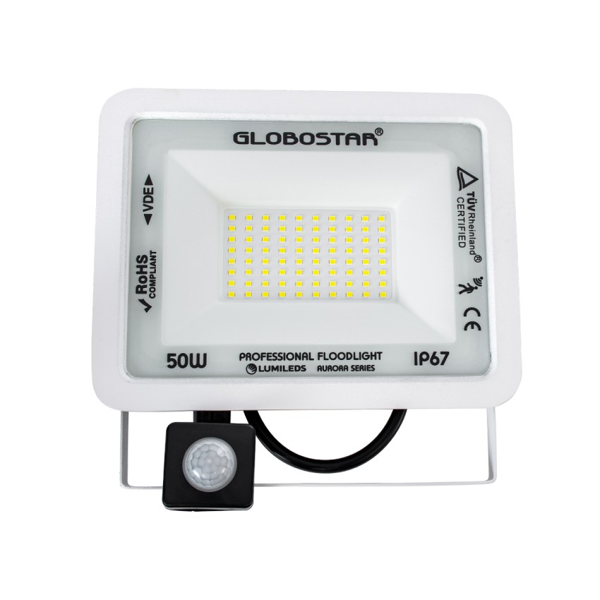 GLOBOSTAR® AURORA  Προβολέας με Ανιχνευτή PIR / Αισθητήρα Κίνησης LED 50W 6250lm 120° AC 220-240V Αδιάβροχο IP67 Ψυχρό Λευκό 6000K - Lumileds SMD Chip  - Λευκό Ματ - Μ21 x Π5 x Υ21cm