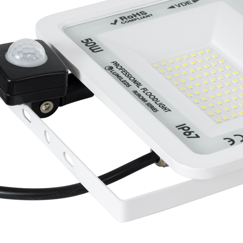 GLOBOSTAR® AURORA  Προβολέας με Ανιχνευτή PIR / Αισθητήρα Κίνησης LED 50W 6250lm 120° AC 220-240V Αδιάβροχο IP67 Ψυχρό Λευκό 6000K - Lumileds SMD Chip  - Λευκό Ματ - Μ21 x Π5 x Υ21cm