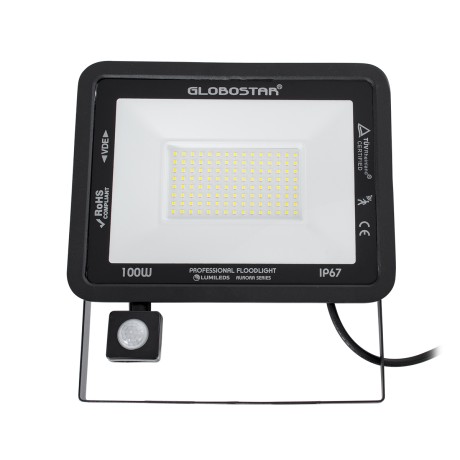 GLOBOSTAR® AURORA  Προβολέας με Ανιχνευτή PIR / Αισθητήρα Κίνησης LED 100W 12500lm 120° AC 220-240V Αδιάβροχο IP67 Ψυχρό Λευκό 6000K - Lumileds SMD Chip  - Μαύρο Ματ - Μ25 x Π6.5 x Υ27.5cm