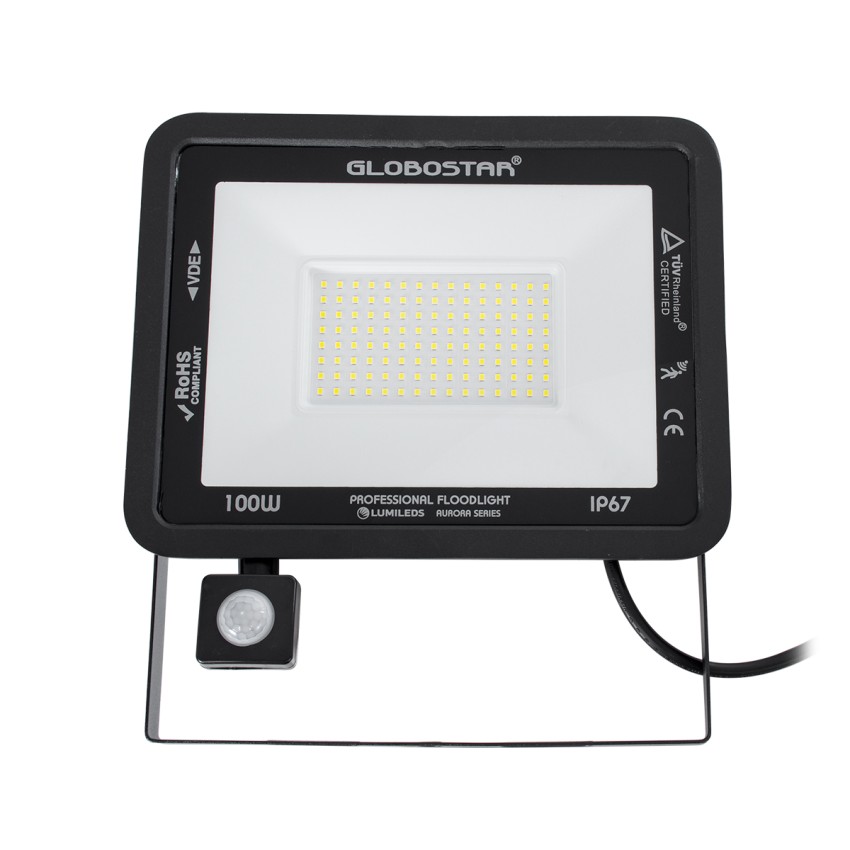 GLOBOSTAR® AURORA  Προβολέας με Ανιχνευτή PIR / Αισθητήρα Κίνησης LED 100W 12500lm 120° AC 220-240V Αδιάβροχο IP67 Ψυχρό Λευκό 6000K - Lumileds SMD Chip  - Μαύρο Ματ - Μ25 x Π6.5 x Υ27.5cm