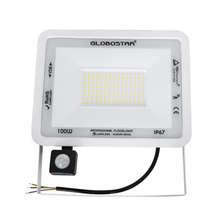 GLOBOSTAR® AURORA  Προβολέας με Ανιχνευτή PIR / Αισθητήρα Κίνησης LED 100W 12500lm 120° AC 220-240V Αδιάβροχο IP67 Ψυχρό Λευκό 6000K - Lumileds SMD Chip  - Λευκό Ματ - Μ25 x Π6.5 x Υ27.5cm