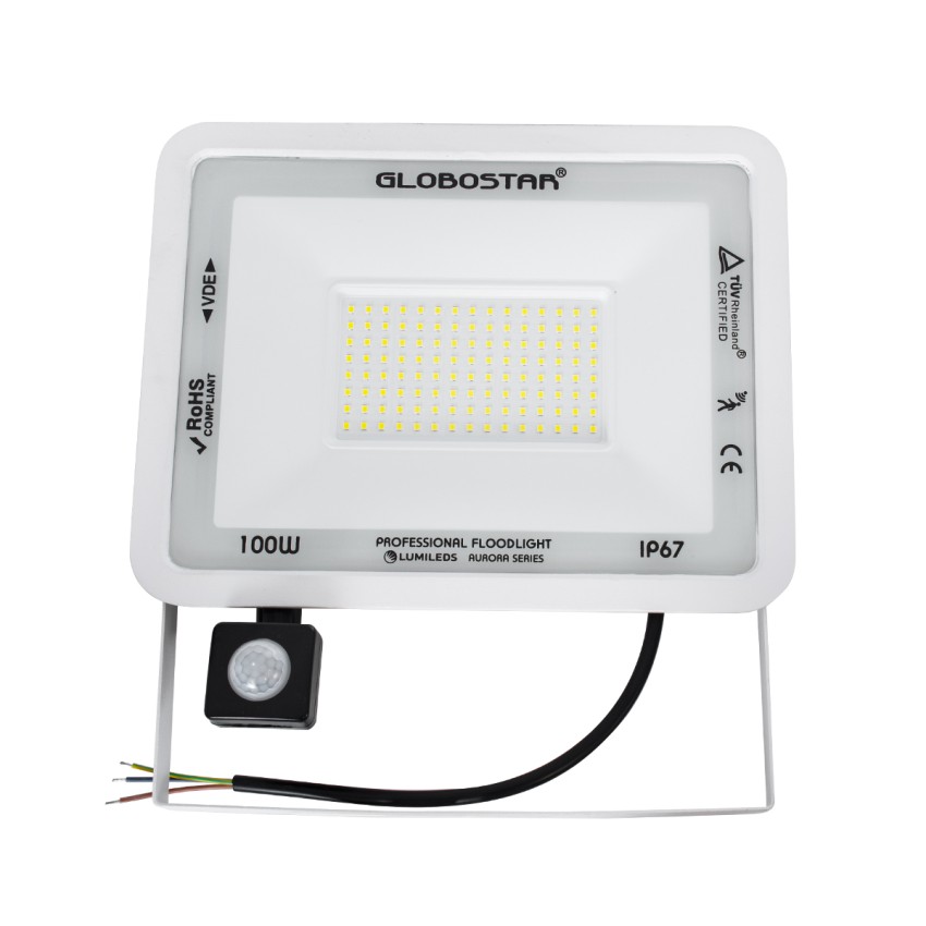 GLOBOSTAR® AURORA  Προβολέας με Ανιχνευτή PIR / Αισθητήρα Κίνησης LED 100W 12500lm 120° AC 220-240V Αδιάβροχο IP67 Ψυχρό Λευκό 6000K - Lumileds SMD Chip  - Λευκό Ματ - Μ25 x Π6.5 x Υ27.5cm