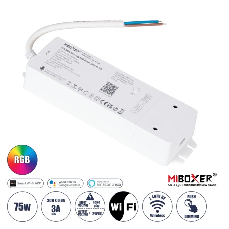 WL3-P75V24 Mi-BOXER DC Smart Wifi & RF 2.4Ghz & Push Dimming Power Supply Τροφοδοτικό SELV & Controller / Dimmer All in One 3 Καναλιών AC100-240V σε DC 24V 3 x 0.6A 14.4W - Max 3A 75W - IP20 RGB Μ19 x Π5.5 x Υ3.2cm