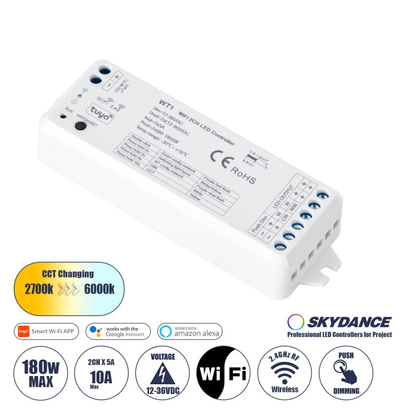 WT1 SKYDANCE DC WiFi & RF 2.4Ghz Dimmer High Speed Controller 2 Καναλιών DC 12-36V 2 x 5A 180W - Max 10A 180W - IP20 Μ11.5 x Π3.5 x Υ2cm