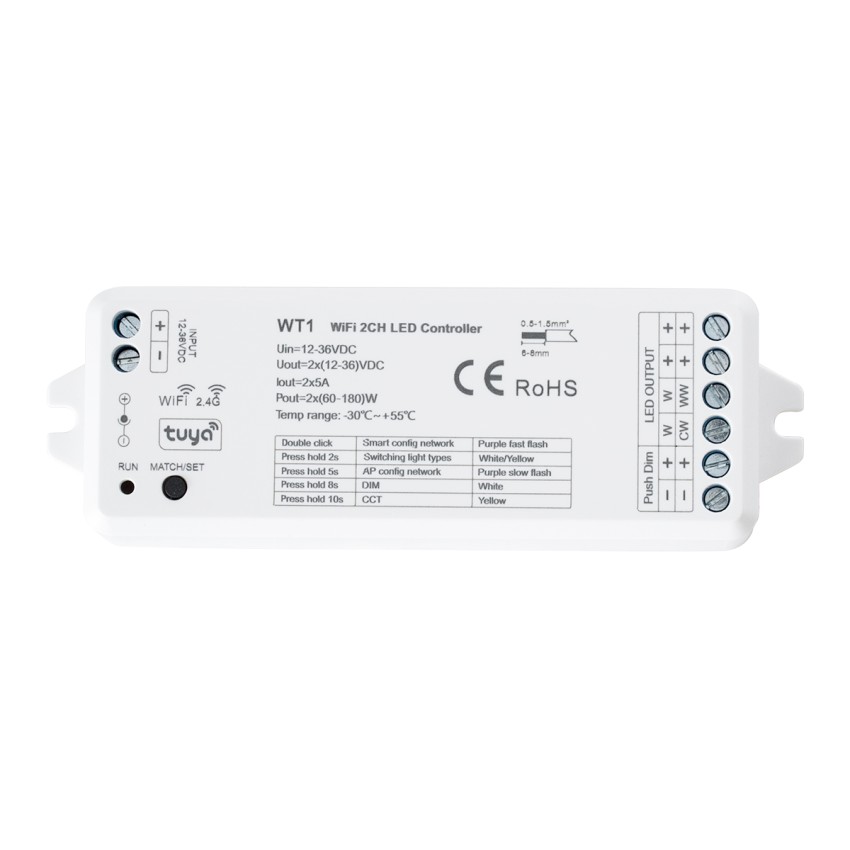 WT1 SKYDANCE DC WiFi & RF 2.4Ghz Dimmer High Speed Controller 2 Καναλιών DC 12-36V 2 x 5A 180W - Max 10A 180W - IP20 Μ11.5 x Π3.5 x Υ2cm