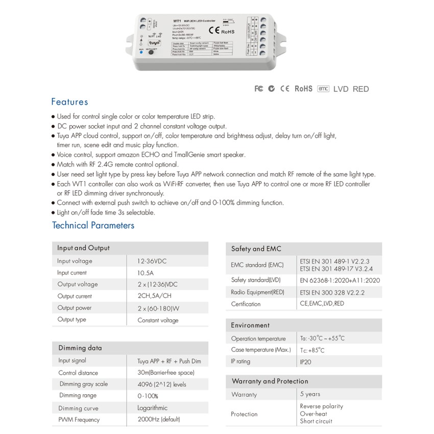 WT1 SKYDANCE DC WiFi & RF 2.4Ghz Dimmer High Speed Controller 2 Καναλιών DC 12-36V 2 x 5A 180W - Max 10A 180W - IP20 Μ11.5 x Π3.5 x Υ2cm