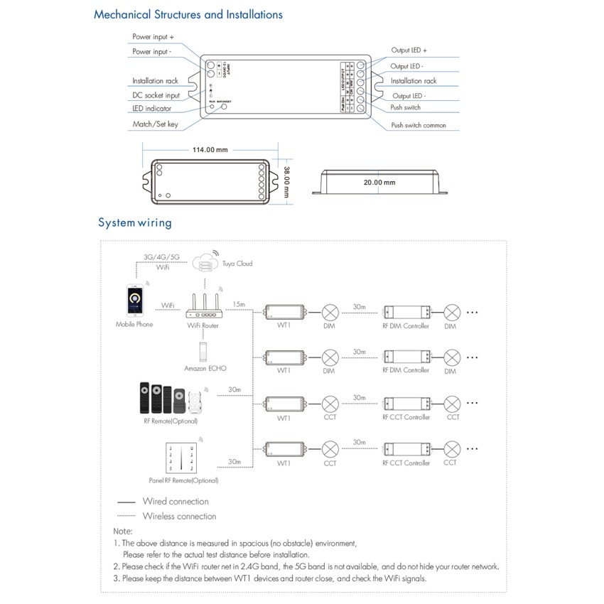 WT1 SKYDANCE DC WiFi & RF 2.4Ghz Dimmer High Speed Controller 2 Καναλιών DC 12-36V 2 x 5A 180W - Max 10A 180W - IP20 Μ11.5 x Π3.5 x Υ2cm