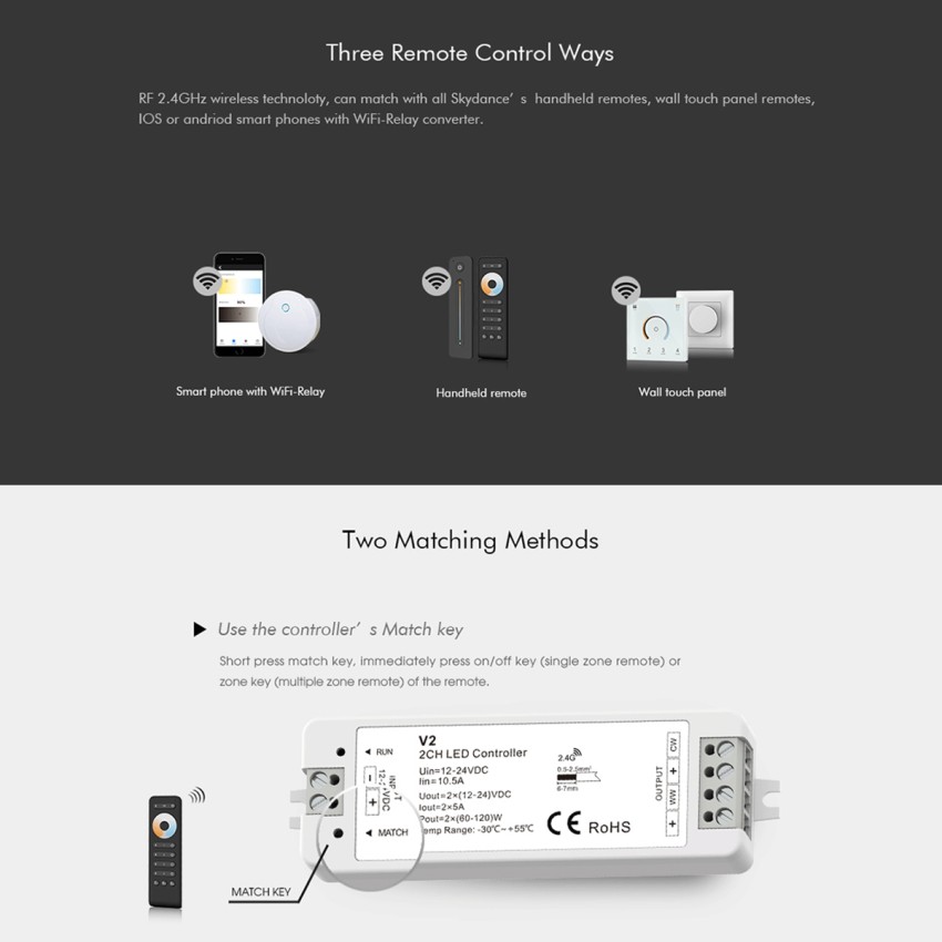 V2 SKYDANCE DC RF 2.4Ghz Dimmer High Speed Controller 2 Καναλιών DC 12-24V 2 x 5A 120W - Max 10.5A 252W - IP20 Μ10 x Π3.5 x Υ2cm
