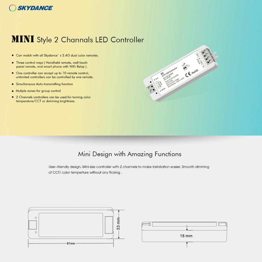 V2 SKYDANCE DC RF 2.4Ghz Dimmer High Speed Controller 2 Καναλιών DC 12-24V 2 x 5A 120W - Max 10.5A 252W - IP20 Μ10 x Π3.5 x Υ2cm