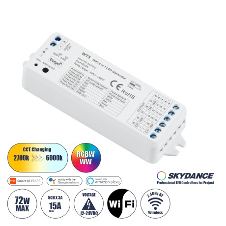WT5 SKYDANCE DC WiFi & RF 2.4Ghz Dimmer High Speed Controller 5 Καναλιών DC 12-24V 5 x 3A 72W - Max 15A 360W - IP20 Μ10 x Π4 x Υ2cm