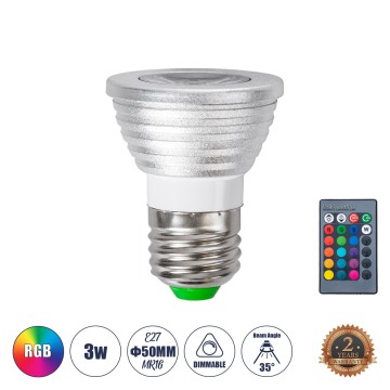 Σποτ LED E27 MR16 3W 200lm 90° AC 220-240V IP20 Φ5 x Υ8.5cm - Εναλλαγή Φωτισμού μέσω Τηλεχειριστηρίου RGB - Dimmable