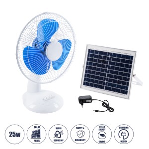 SOLARI-FAN  Solar Fan Αυτόνομος Ηλιακός Επιτραπέζιος Ανεμιστήρας 25W 2 Λειτουργιών Ρεύματος με AC 220-240V ή με Φωτοβολταϊκό Panel 9V 12W & Επαναφορτιζόμενη Μπαταρία Li-ion 7.4V 4400mAh - 3 Ταχύτητες - IP20 - Μ24 x Π36 x Υ49cm - Λευκό & Μπλε