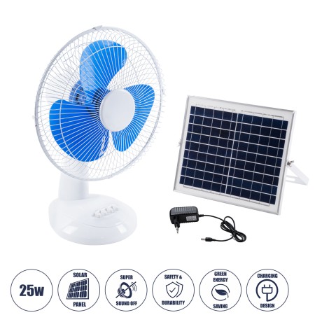 SOLARI-FAN  Solar Fan Αυτόνομος Ηλιακός Επιτραπέζιος Ανεμιστήρας 25W 2 Λειτουργιών Ρεύματος με AC 220-240V ή με Φωτοβολταϊκό Panel 9V 12W & Επαναφορτιζόμενη Μπαταρία Li-ion 7.4V 4400mAh - 3 Ταχύτητες - IP20 - Μ24 x Π36 x Υ49cm - Λευκό & Μπλε