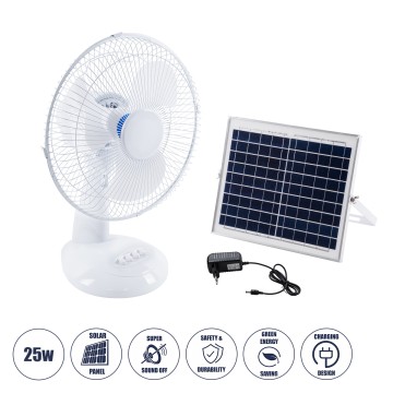 SOLARI-FAN  Solar Fan Αυτόνομος Ηλιακός Επιτραπέζιος Ανεμιστήρας 25W 2 Λειτουργιών Ρεύματος με AC 220-240V ή με Φωτοβολταϊκό Panel 9V 12W & Επαναφορτιζόμενη Μπαταρία Li-ion 7.4V 4400mAh - 3 Ταχύτητες - IP20 - Μ24 x Π36 x Υ49cm - Λευκό
