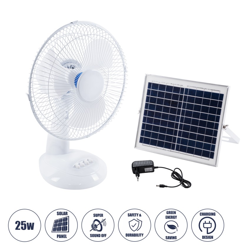 SOLARI-FAN  Solar Fan Αυτόνομος Ηλιακός Επιτραπέζιος Ανεμιστήρας 25W 2 Λειτουργιών Ρεύματος με AC 220-240V ή με Φωτοβολταϊκό Panel 9V 12W & Επαναφορτιζόμενη Μπαταρία Li-ion 7.4V 4400mAh - 3 Ταχύτητες - IP20 - Μ24 x Π36 x Υ49cm - Λευκό