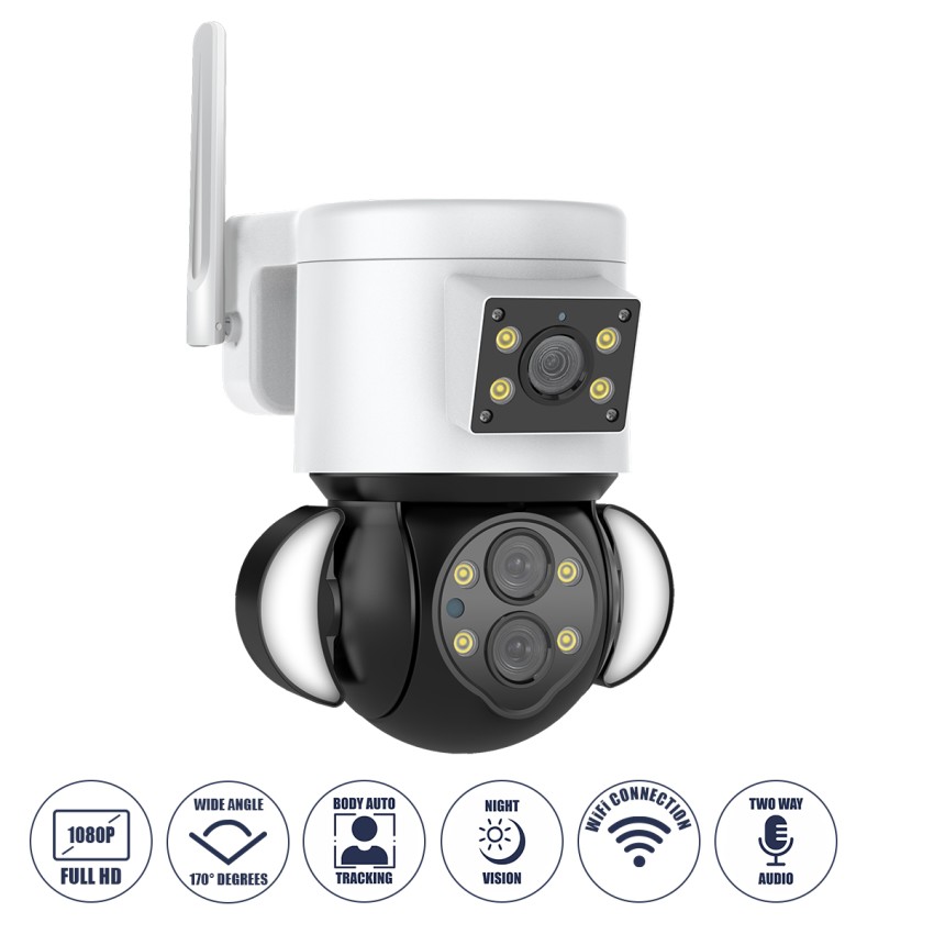 Επιτοίχια Κάμερα Πρίζας WiFi HD 1080P 350° Διπλή Κατέυθυνση Ομιλίας & Ανιχνευτή Κίνησης - Απομακρυσμένος Έλεγχος - Αδιάβροχη IP65 - Λευκό Μαύρο - Μ15 x Π14.5 x Y15cm