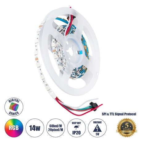 Digital Pixel Addressable Strip Ultra Slim 3 PIN - Nano Zig Zag S Ψηφιακή Ταινία LED SMD 5050 14W/m 60LED/m 20PIXEL/m SPI/TTL Protocol IC WS2812/SK6812 1152lm/m 120° DC 5V IP20 RGB - Λευκό Σώμα - Μ2000 x Π6 x Υ2mm - Συσκευασία 2 Μέτρων