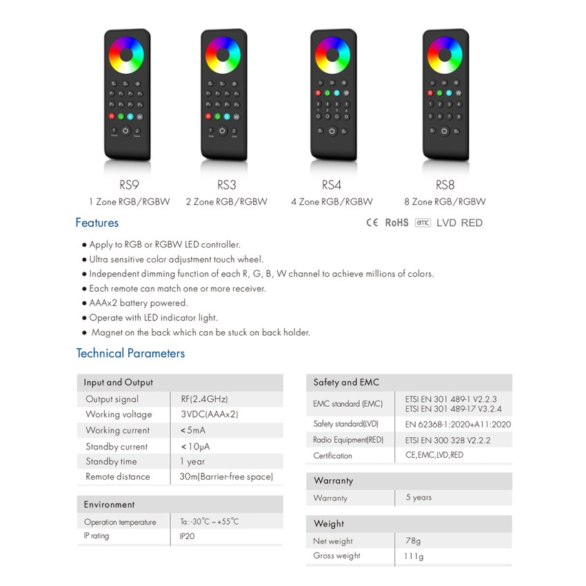 RS4 SKYDANCE Ασύρματο Χειριστήριο Αφής RF 2.4Ghz 4 Group για όλα τα RGB/RGBW SKYDANCE Controller DC 3V 2 x AAA - IP20 Μαύρο Μ14 x Π5 x Υ1.9cm