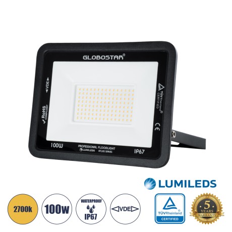 GLOBOSTAR® ATLAS  Προβολέας LED 100W 11500lm 120° AC 220-240V Αδιάβροχο IP67 Θερμό Λευκό 2700K - Lumileds SMD Chip  - Μαύρο Ματ - Μ27 x Π4 x Υ21cm