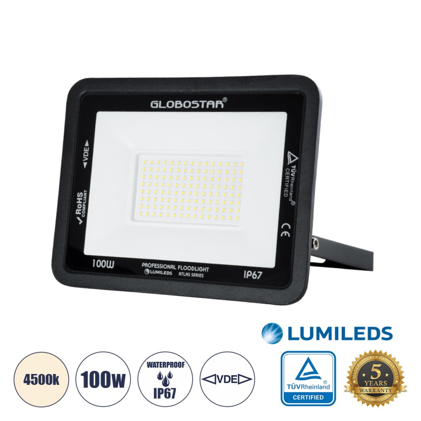 GLOBOSTAR® ATLAS  Προβολέας LED 100W 12000lm 120° AC 220-240V Αδιάβροχο IP67 Φυσικό Λευκό 4500K - Lumileds SMD Chip  - Μαύρο Ματ - Μ27 x Π4 x Υ21cm