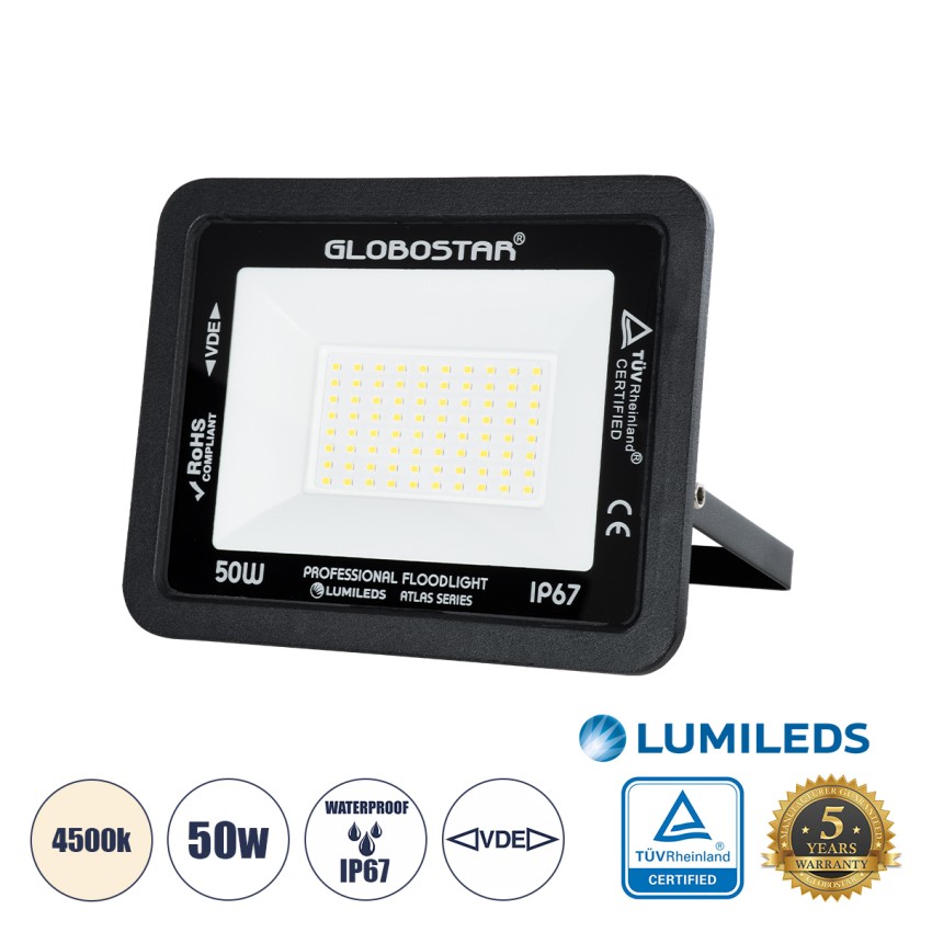 GLOBOSTAR® ATLAS  Προβολέας LED 50W 6000lm 120° AC 220-240V Αδιάβροχο IP67 Φυσικό Λευκό 4500K - Lumileds SMD Chip  - Μαύρο Ματ - Μ21 x Π3.5 x Υ16cm