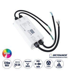 -IP65 D4-WP SKYDANCE DC DMX & RDM Dimmer High Speed Controller / Decoder 4 Καναλιών DC 12-36V 4 x 5A 180W - Max 20.5A 720W - Αδιάβροχος IP65 Μ17 x Π8 x Υ4cm