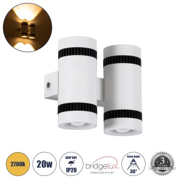 CANNONAL  Φωτιστικό Τοίχου - Απλίκα Αρχιτεκτονικού Φωτισμού Εσωτερικού Χώρου Up & Down LED 20W 2300lm 30° AC 220-240V IP20 Μ12 x Π6.5 x Υ11cm - Θερμό Λευκό 2700K - Λευκό με Μαύρο - Bridgelux Chip