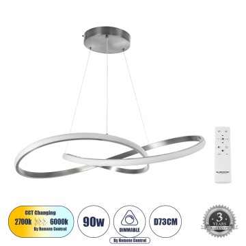 GLOBOSTAR® DEXTER  Μοντέρνο Κρεμαστό Φωτιστικό Οροφής LED 90W 10080lm 300° AC 220-240V IP20 Ρυθμιζόμενο Λευκό CCT με Χειριστήριο από 2700K έως 6000K Dimmable - Lumileds SMD Chip - Νίκελ Βούρτσας - Μ73 x Π73 x Υ16cm