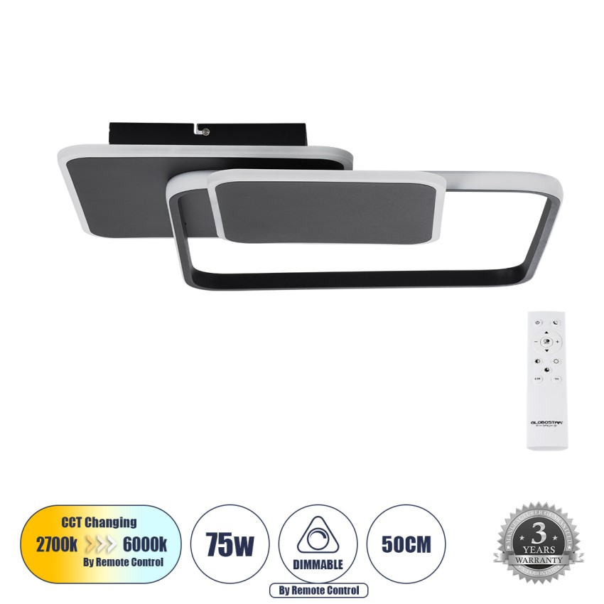 GLOBOSTAR® SQUARO  Μοντέρνο Φωτιστικό Οροφής LED 75W 8400lm 360° AC 220-240V IP20 Ρυθμιζόμενο Λευκό CCT με Χειριστήριο από 2700K έως 6000K Dimmable - Lumileds SMD Chip - Μαύρο Ματ - Μ48.5 x Π51 x Υ9cm
