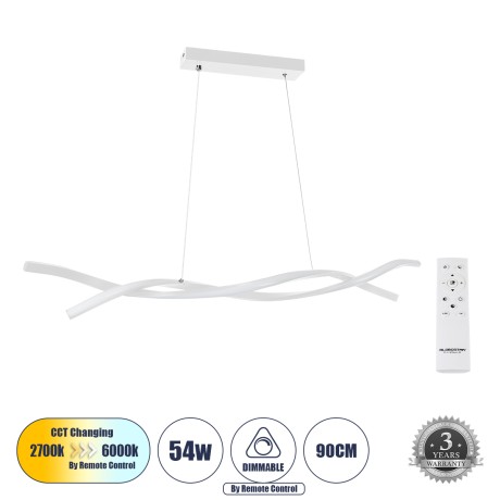 GLOBOSTAR® MORALES  Μοντέρνο Κρεμαστό Φωτιστικό Οροφής LED 54W 6048lm 300° AC 220-240V IP20 Ρυθμιζόμενο Λευκό CCT με Χειριστήριο από 2700K έως 6000K Dimmable - Lumileds SMD Chip - Λευκό Ματ - Μ90 x Π14 x Υ14cm