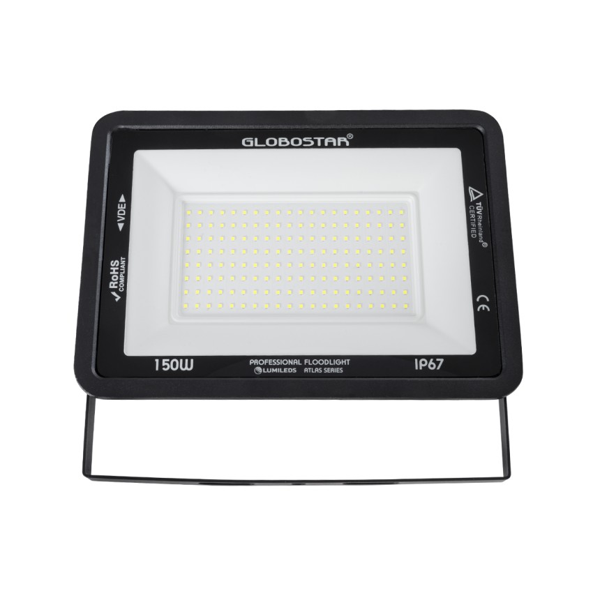 GLOBOSTAR® ATLAS  Προβολέας LED 150W 18750lm 120° AC 220-240V Αδιάβροχο IP67 Ψυχρό Λευκό 6000K - Lumileds SMD Chip  - Μαύρο Ματ - Μ32 x Π4 x Υ23cm