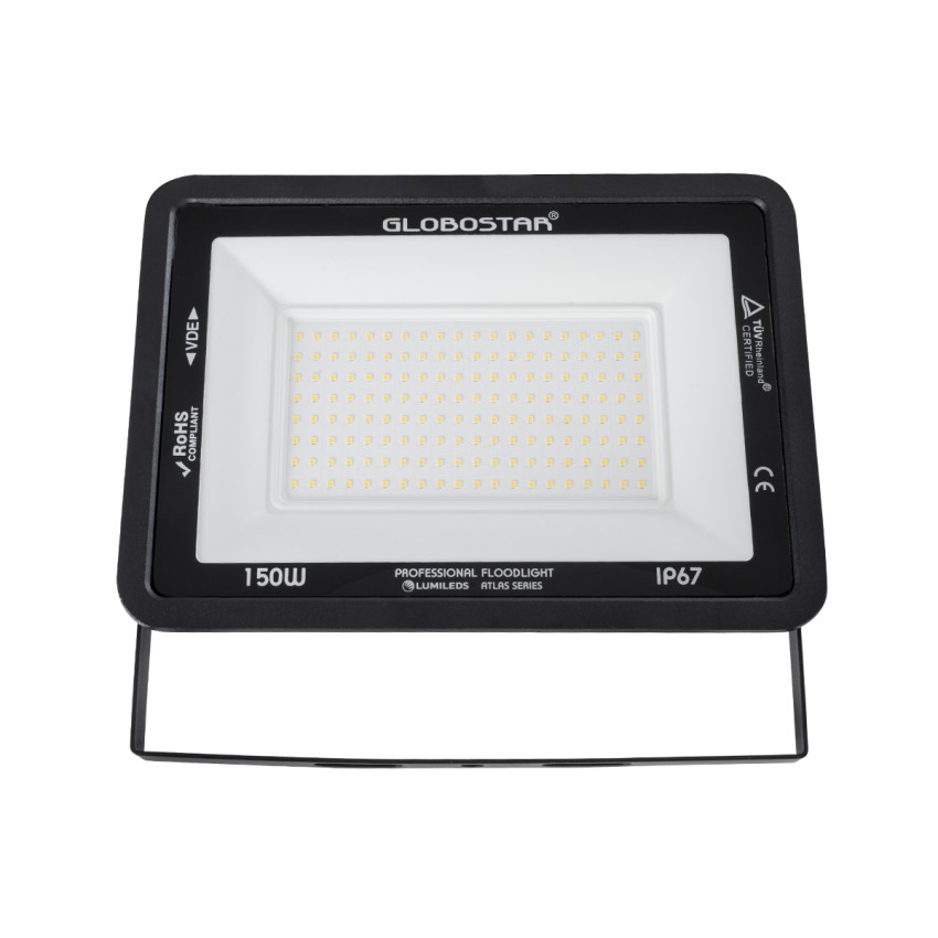 GLOBOSTAR® ATLAS  Προβολέας LED 150W 17250lm 120° AC 220-240V Αδιάβροχο IP67 Θερμό Λευκό 2700K - Lumileds SMD Chip  - Μαύρο Ματ - Μ32 x Π4 x Υ23cm