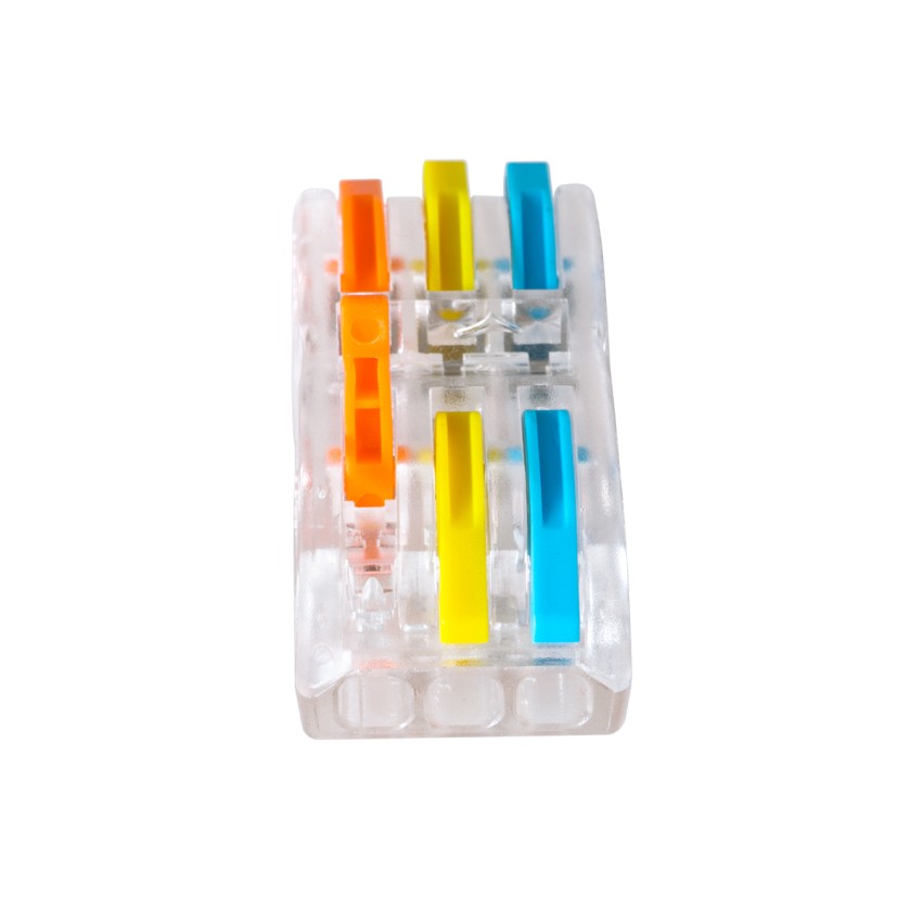 FAST-CONNECT  Τριπλή Κλέμα Ταχείας Σύνδεσης & Διακλάδωσης Καλωδίων - 3 x Είσοδοι & 3 x Έξοδοι με Συμβατή Διατομή Καλωδίων 0.08mm² έως 2.5mm² - 250V/4KV 32A Max - Μ4 x Π4 x Υ1.5cm - Διάφανο με Πορτοκαλί, Κίτρινο & Μπλε - Πακέτο 5 Τεμαχίων