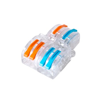 FAST-CONNECT  Διπλή σε Τετραπλή Κλέμα Ταχείας Σύνδεσης & Διακλάδωσης Καλωδίων - 2 x Είσοδοι & 4 x Έξοδοι με Συμβατή Διατομή Καλωδίων 0.08mm² έως 2.5mm² - 250V/4KV 32A Max - Μ2.6 x Π4 x Υ1.5cm - Διάφανο με Πορτοκαλί & Μπλε - Πακέτο 5 Τεμαχίων