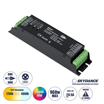 D5-P SKYDANCE DC DMX & RDM Dimmer High Speed Controller / Decoder 5 Καναλιών DC 12-48V 5 x 4A 192W - Max 20.5A 960W - IP20 Μ17.5 x Π4.5 x Υ3.5cm