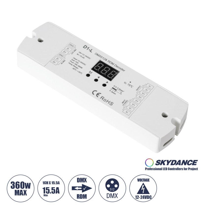 D1-L SKYDANCE DC DMX & RDM Dimmer High Speed Controller / Decoder 1 Καναλιού DC 12-24V 1 x 15.5A 360W - Max 15.5A 360W - IP20 Μ17 x Π5 x Υ2.5cm