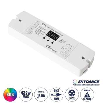 D3-L SKYDANCE DC DMX & RDM Dimmer High Speed Controller / Decoder 3 Καναλιών DC 12-24V 3 x 6A 144W - Max 18.5A 432W - IP20 Μ17 x Π5 x Υ2.5cm