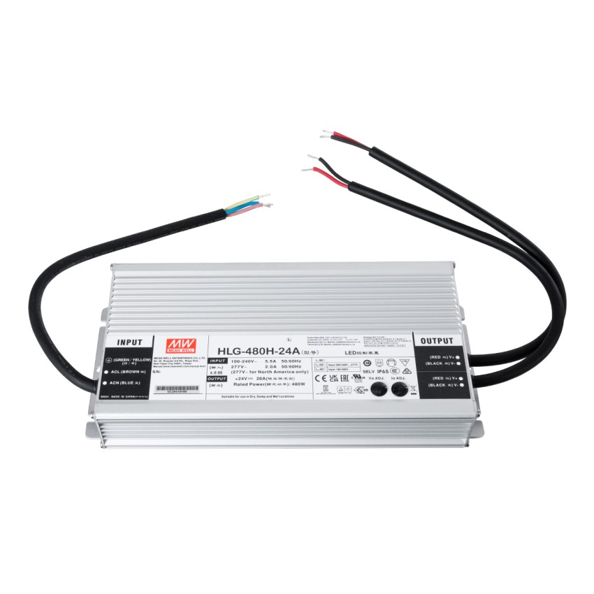 GLOBOSTAR® MEANWELL-HLG480H-24A  Τροφοδοτικό/Μετασχηματιστής Class I SELV 480W 20A AC 220-240V σε DC 24V Αδιάβροχο IP65 - Ρυθμιζόμενo από DC 20.4V έως DC 25.2V - Ασημί - Μ26.2 x Π12.5 x Υ4.4cm