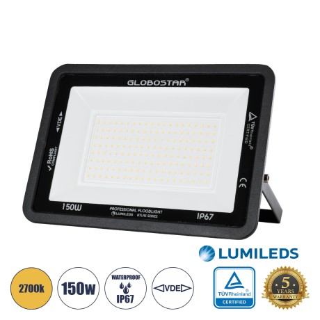 GLOBOSTAR® ATLAS  Προβολέας LED 150W 17250lm 120° AC 220-240V Αδιάβροχο IP67 Θερμό Λευκό 2700K - Lumileds SMD Chip  - Μαύρο Ματ - Μ32 x Π4 x Υ23cm