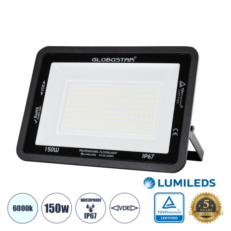 GLOBOSTAR® ATLAS  Προβολέας LED 150W 18750lm 120° AC 220-240V Αδιάβροχο IP67 Ψυχρό Λευκό 6000K - Lumileds SMD Chip  - Μαύρο Ματ - Μ32 x Π4 x Υ23cm
