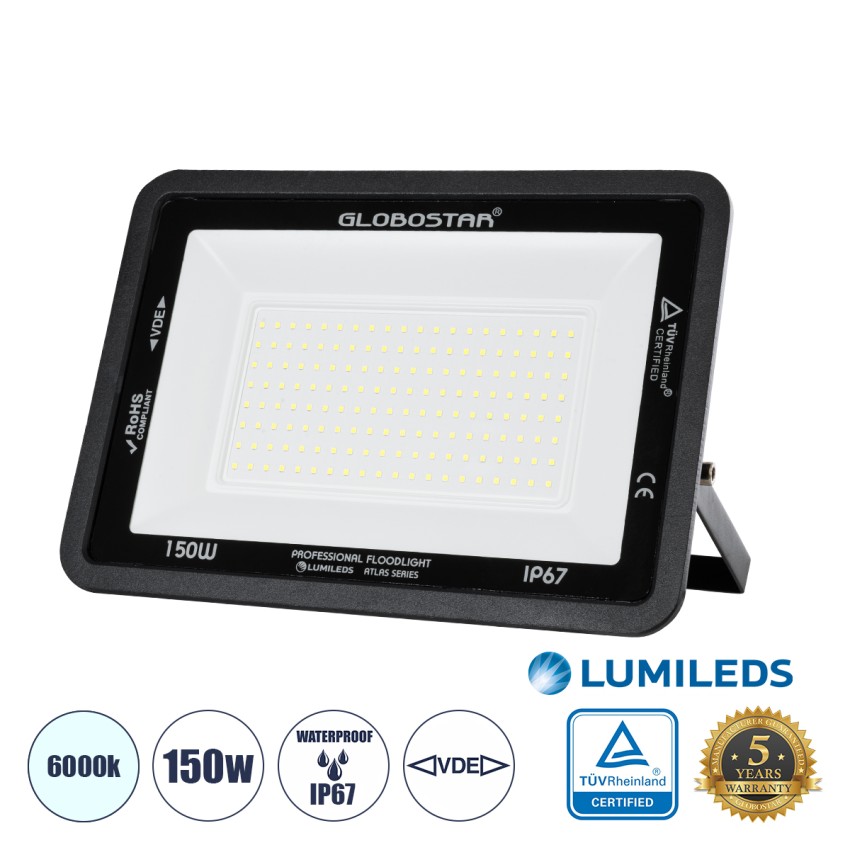 GLOBOSTAR® ATLAS  Προβολέας LED 150W 18750lm 120° AC 220-240V Αδιάβροχο IP67 Ψυχρό Λευκό 6000K - Lumileds SMD Chip  - Μαύρο Ματ - Μ32 x Π4 x Υ23cm