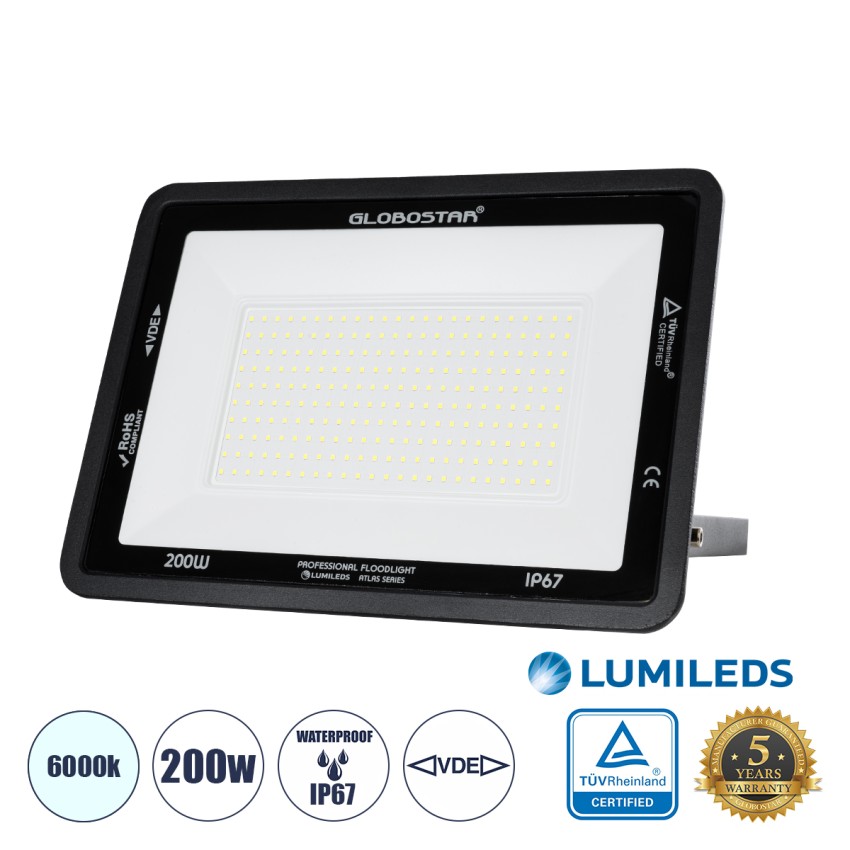 GLOBOSTAR® ATLAS  Προβολέας LED 200W 25000lm 120° AC 220-240V Αδιάβροχο IP67 Ψυχρό Λευκό 6000K - Lumileds SMD Chip  - Μαύρο Ματ - Μ38 x Π4 x Υ28cm