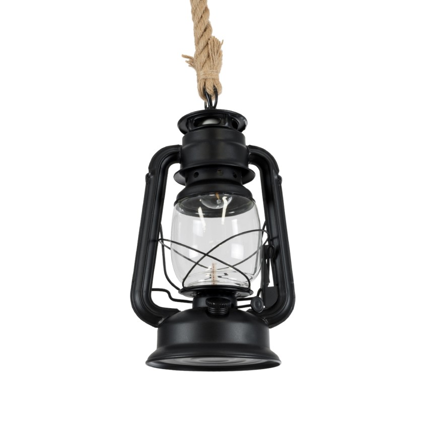 BARBAROSSA  Vintage Κρεμαστό Φωτιστικό Ανάρτηση Μονόφωτο 1 x E27 IP20 Μαύρο Μέταλλο, Διάφανο Γυαλί με Μπεζ Σχοινί - Μ18 x Π18 x Υ28cm