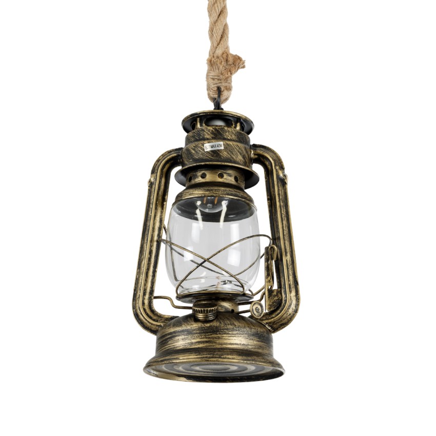 BARBAROSSA  Vintage Κρεμαστό Φωτιστικό Ανάρτηση Μονόφωτο 1 x E27 IP20 Μπρούτζινο Μέταλλο, Διάφανο Γυαλί με Μπεζ Σχοινί - Μ18 x Π18 x Υ28cm