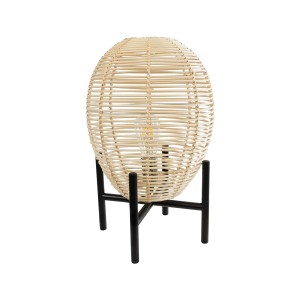 NERINA  Boho Επιτραπέζιο Φωτιστικό Πορτατίφ Μονόφωτο 1 x E27 AC220-240V IP20 - Φ30 x Υ50cm - Μαύρο Μεταλλικό με Μπεζ Ρατάν Καπέλο Πλέγμα